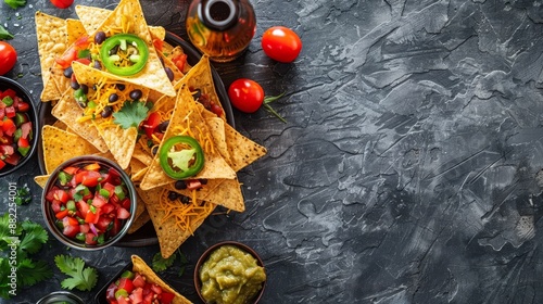  Tortilla chips, salsa, guacamole, and tomatoes arranged above on a black stone table - a vibrant, overhead spread