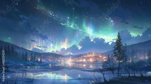 Magical Winter Night with Aurora Borealis over a Frozen Lake and Town.