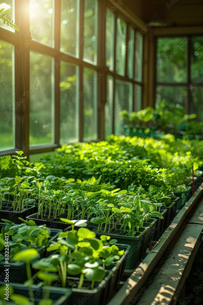 Sunlit Greenhouse with Lush Green Seedlings in Pots on Wooden Shelves Sunlit Greenhouse with Lush Green Seedlings in Pots on Wooden Shelves