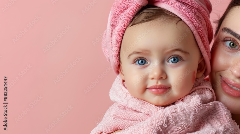 A woman holds a baby, both with pink towels on their heads A woman holds a baby, both with pink towels on their heads
