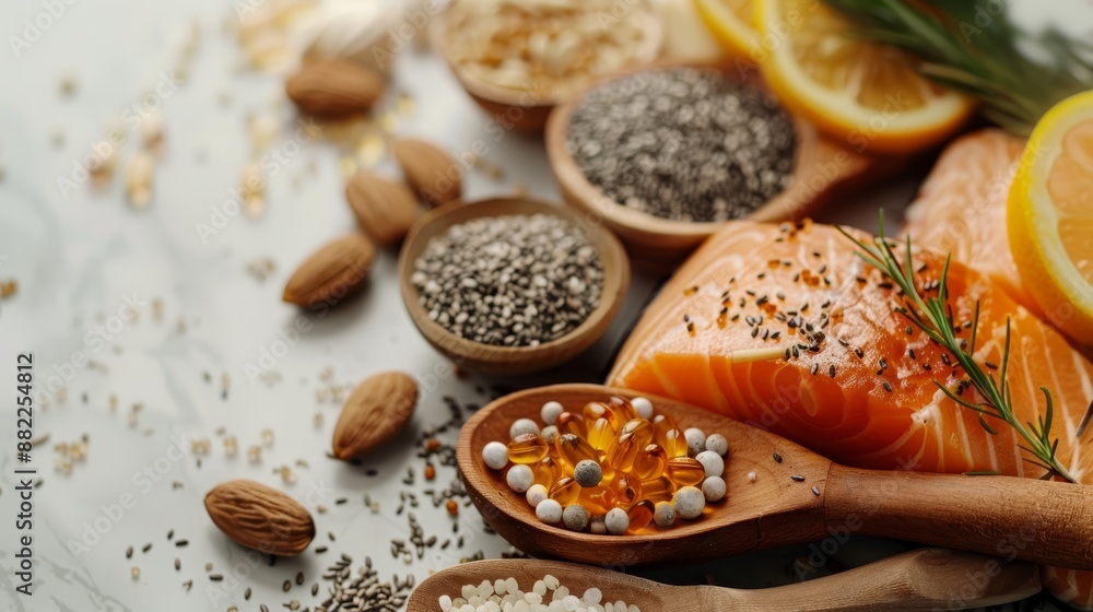 A selection of foods - salmon, nuts, and oranges - lies on a pristine white tablecloth, accompanied by a wooden spoon A selection of foods - salmon, nuts, and oranges - lies on a pristine white tablecloth, accompanied by a wooden spoon