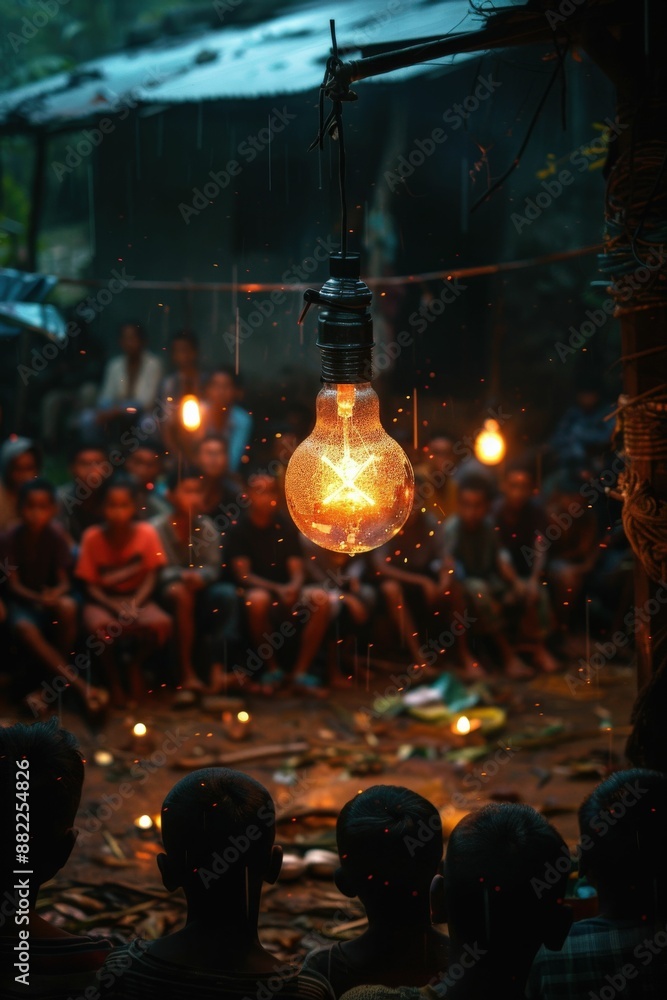 Illuminated Light Bulb in Focus with Blurred Group of People in Background During Evening Gathering Illuminated Light Bulb in Focus with Blurred Group of People in Background During Evening Gathering