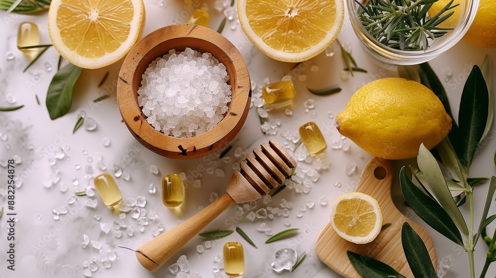 A cutting board holds a wooden bowl filled with sea salt Nearby, sliced lemons and a honeycomb rest A cutting board holds a wooden bowl filled with sea salt Nearby, sliced lemons and a honeycomb rest