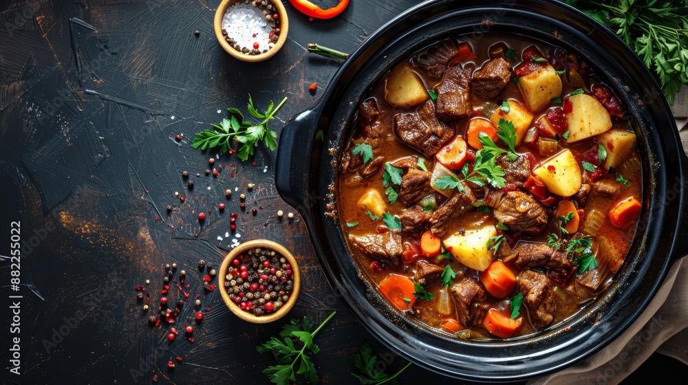 A crockpot filled with beef, potatoes, carrots, and parsley for a hearty stew A crockpot filled with beef, potatoes, carrots, and parsley for a hearty stew