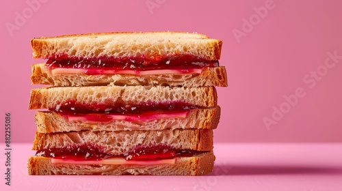  Four sandwiches stacked on a pink jelly-covered surface