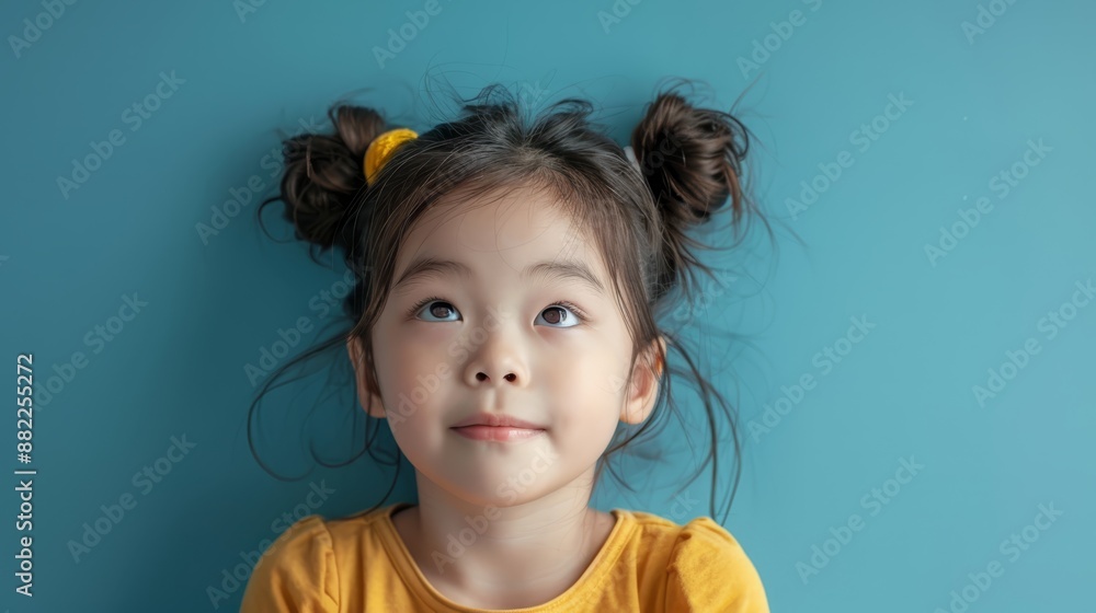 A tight shot of a child's face Her hair is pulled back into a neat bun atop her head Surrounding them is a tranquil blue background A tight shot of a child's face Her hair is pulled back into a neat bun atop her head Surrounding them is a tranquil blue background