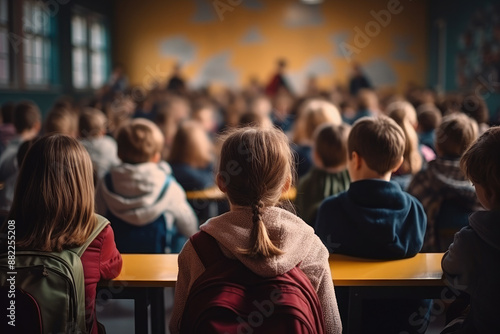 Schoolchildren in a rural school are sitting in a lesson at their desks with their backs to the camera and listening to teacher. The concept of back to school