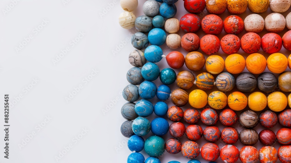 A white surface holds various colored beads, with text in its mid-section A white surface holds various colored beads, with text in its mid-section