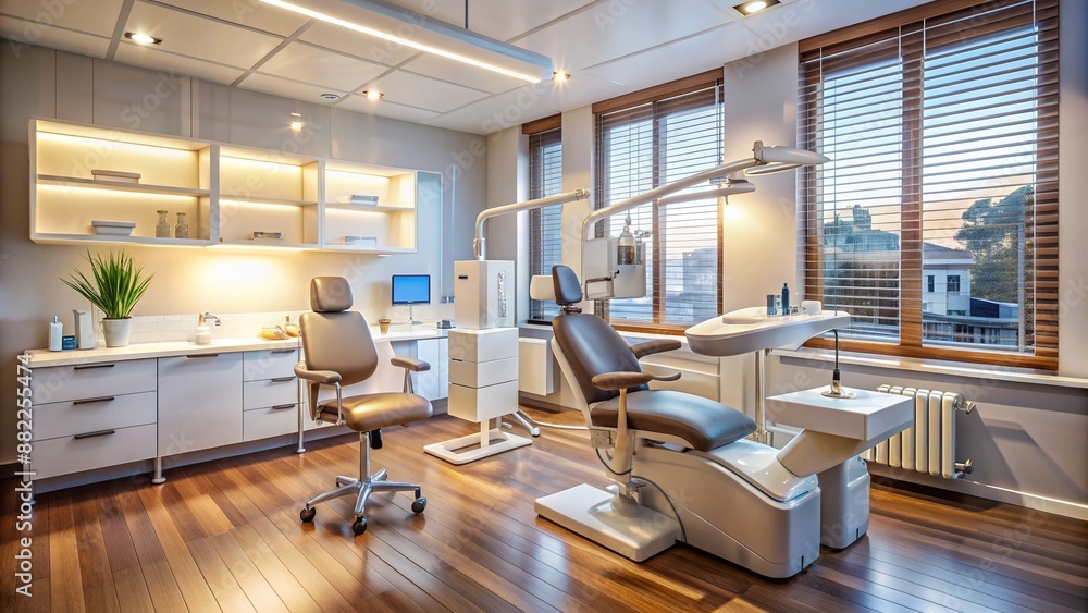 Clean and modern dental clinic interior with examination chair, dental instruments, and equipment, ready for patient check-up and treatment, warm lighting ambiance. Clean and modern dental clinic interior with examination chair, dental instruments, and equipment, ready for patient check-up and treatment, warm lighting ambiance.