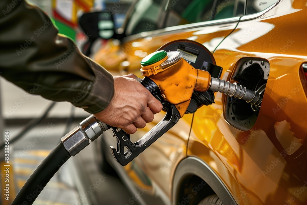 Man refuels orange car at urban gas station. Hand holds black fuel nozzle with green cap on top. Busy city street with cars and buildings in background. Man refuels orange car at urban gas station. Hand holds black fuel nozzle with green cap on top. Busy city street with cars and buildings in background.