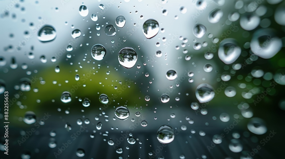 Blurred house and raindrops on window or Raindrops on window with house in softly blurred background Blurred house and raindrops on window or Raindrops on window with house in softly blurred background