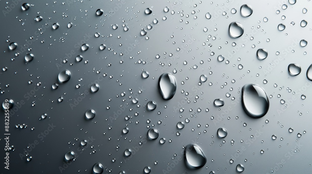A tight shot of water drops on clear glass against a black backdrop, framed by a white border to the left A tight shot of water drops on clear glass against a black backdrop, framed by a white border to the left