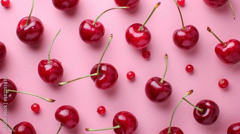 A cluster of cherries stacked on a pink surface, with one cherry remaining atop A cluster of cherries stacked on a pink surface, with one cherry remaining atop
