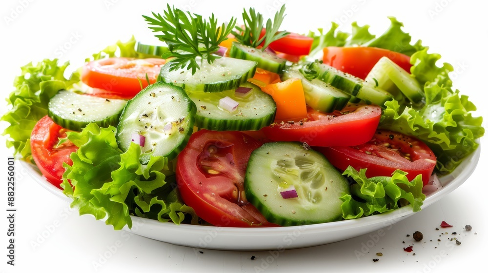 A salad with cucumbers, tomatoes, lettuce, carrots, and parsley in a white bowl A salad with cucumbers, tomatoes, lettuce, carrots, and parsley in a white bowl