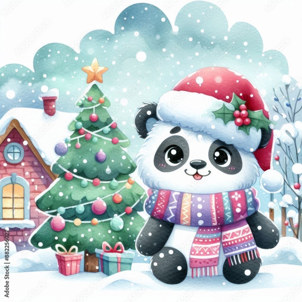 A cute panda wearing a Santa hat and scarf stands in front of a Christmas tree and a snowy house. A cute panda wearing a Santa hat and scarf stands in front of a Christmas tree and a snowy house.