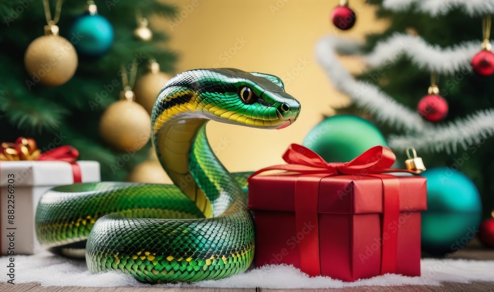 Happy Chinese New Year 2025. Green snake, gifts. Symbol of Chinese Lunar Year of Snake Happy Chinese New Year 2025. Green snake, gifts. Symbol of Chinese Lunar Year of Snake