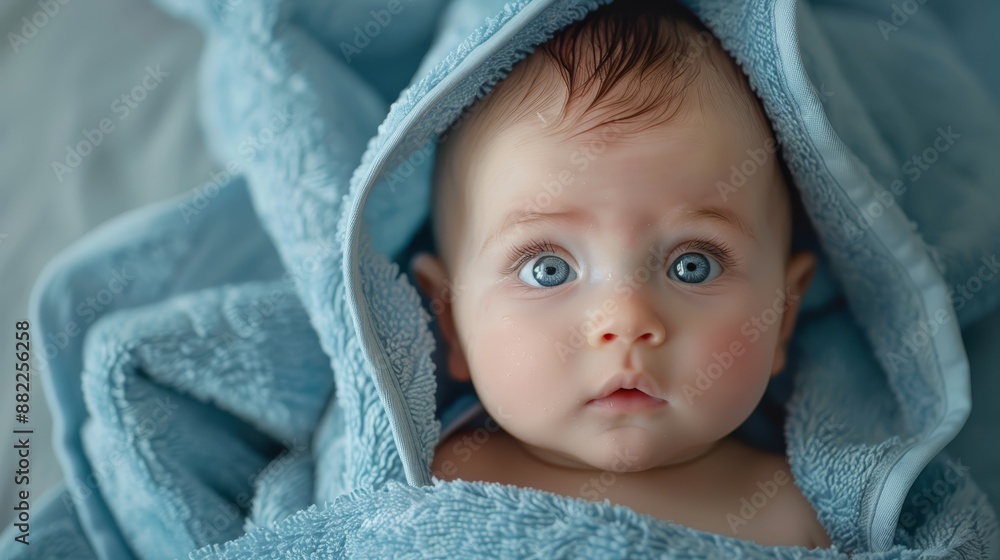A tight shot of an infant swaddled in a blanket, gazing at the camera with a startled expression A tight shot of an infant swaddled in a blanket, gazing at the camera with a startled expression