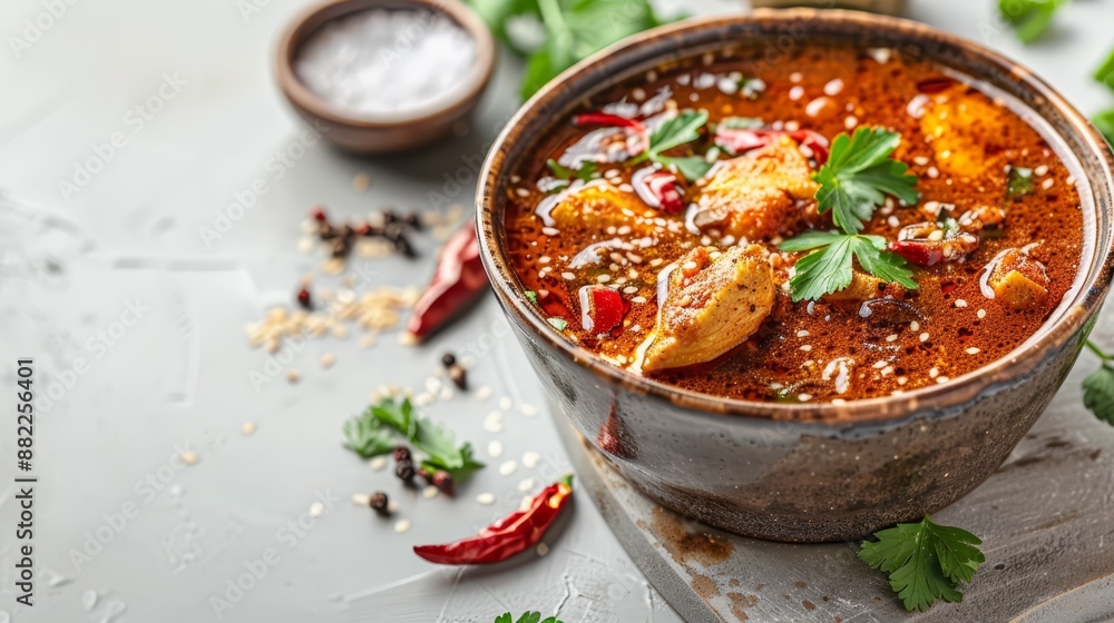 A tight shot of a bowl brimming with food, accompanied by garnishes and herbs arranged neatly to its side A tight shot of a bowl brimming with food, accompanied by garnishes and herbs arranged neatly to its side
