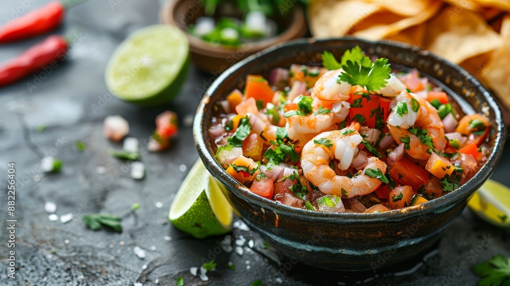 A bowl of shrimp salsa with tortilla chips on a dark surface, garnished with lime wedges, cilantro, and a sprinkle of additional c A bowl of shrimp salsa with tortilla chips on a dark surface, garnished with lime wedges, cilantro, and a sprinkle of additional c