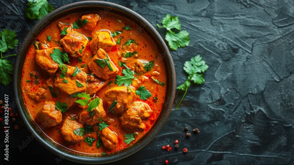 A bowl of chicken curry against a dark backdrop, garnished with cilantro and parsley, accompanied by red pepper sprinkles A bowl of chicken curry against a dark backdrop, garnished with cilantro and parsley, accompanied by red pepper sprinkles