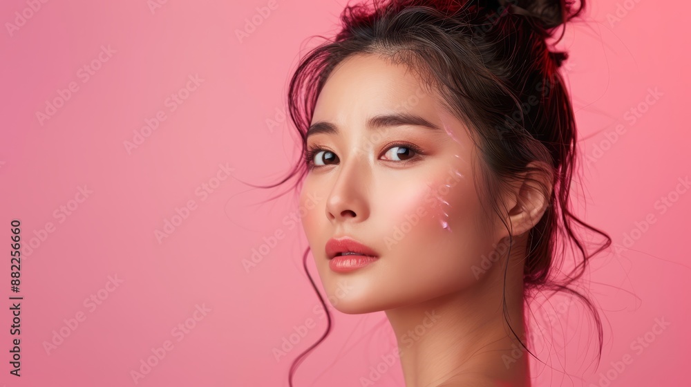 powdered cheek, hair in bun powdered cheek, hair in bun