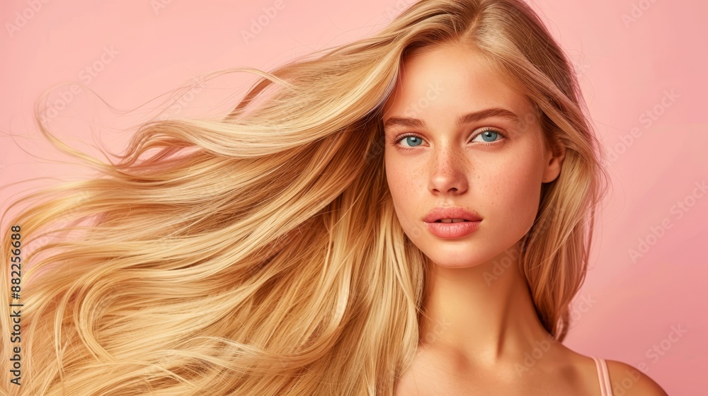 A woman with long blonde hair poses before a pink backdrop, her locks billowing in the wind for the camera A woman with long blonde hair poses before a pink backdrop, her locks billowing in the wind for the camera