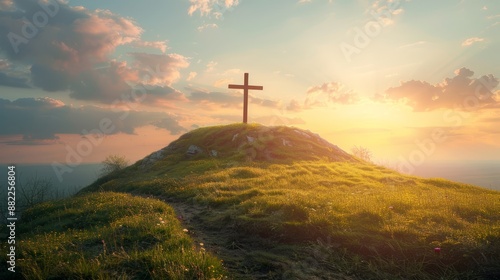  A cross atop a grassy hill, silhouetted against a sunset backdrop Clouds scatter the sky above