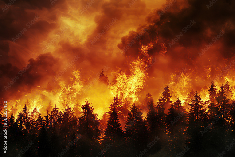 Intense wildfire raging through a dense forest, casting an orange and red glow with thick smoke filling the sky. High Quality Intense wildfire raging through a dense forest, casting an orange and red glow with thick smoke filling the sky. High Quality