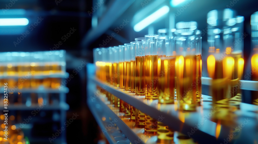 Laboratory test tubes filled with amber liquid on illuminated shelves in a scientific research facility. High Quality Laboratory test tubes filled with amber liquid on illuminated shelves in a scientific research facility. High Quality