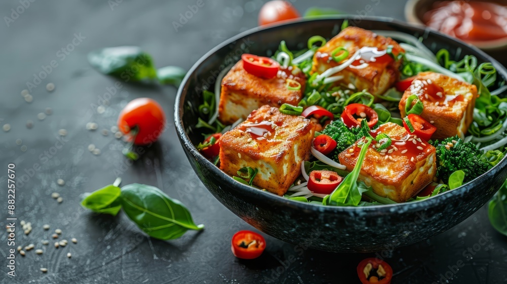 A tight shot of a table-set bowl filled with broccoli and tofu, adjacent tomatoes nearby A tight shot of a table-set bowl filled with broccoli and tofu, adjacent tomatoes nearby