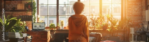 A woman stands by a window, sunlight streaming in, creating a warm glow. photo