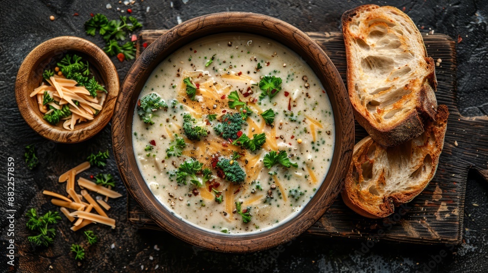A cutting board holds a bowl of broccoli cheese soup, accompanied by another bowl of bread and Parmesan cheese A cutting board holds a bowl of broccoli cheese soup, accompanied by another bowl of bread and Parmesan cheese
