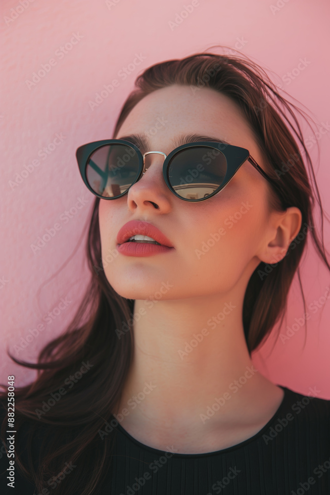 Stylish Woman with Sunglasses Against Pink Background Stylish Woman with Sunglasses Against Pink Background