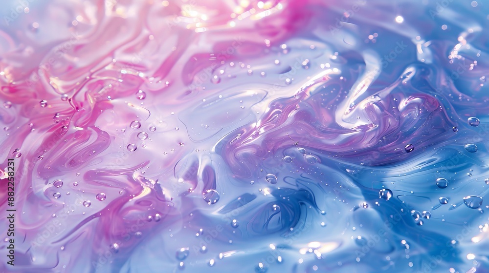blue, pink, and white, adorned with water droplets atop blue, pink, and white, adorned with water droplets atop