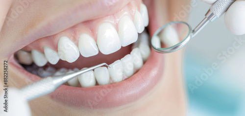 a patient's mouth during a dental checkup, with tools inspecting teeth and gums for dental health and hygiene. a strict dental procedure ensures cleanliness and effectively removes plaque
