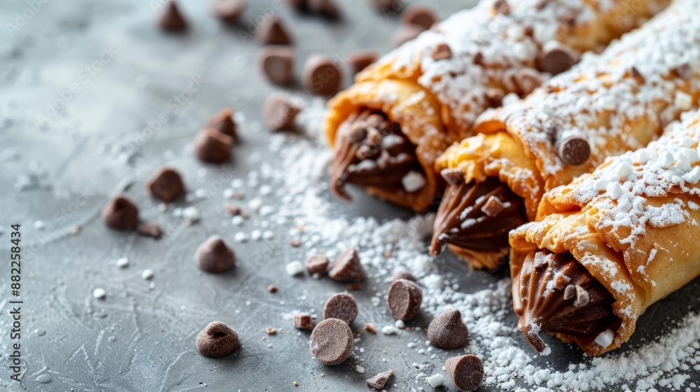 A tight shot of chocolate crepes, topped with powdered sugar and chocolate chips, against a metal backdrop, dusted with powdered sugar and studded with chocolate chips A tight shot of chocolate crepes, topped with powdered sugar and chocolate chips, against a metal backdrop, dusted with powdered sugar and studded with chocolate chips