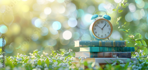 Vintage alarm clock with books on green grass in a sunny garden with bokeh background. Concept of time, education, nature, and relaxation. knowledge cultivates peaceful wisdom in understanding