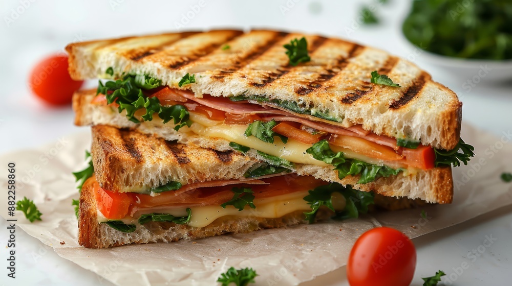 A sandwich, sliced in half, sits atop a sheet of paper Nearby, a bowl holds tomatoes and lettuce A sandwich, sliced in half, sits atop a sheet of paper Nearby, a bowl holds tomatoes and lettuce
