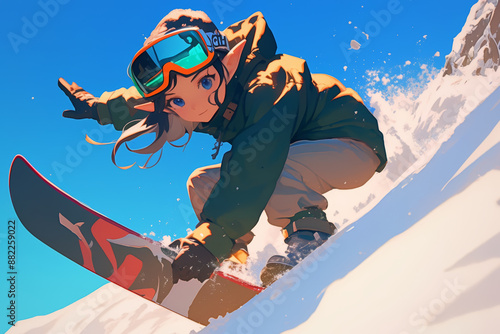 Dynamic Snowboarding Action with Anime Character in Winter Landscape