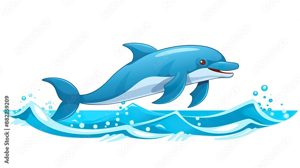 Obraz premium On a white background, a lone dolphin leaps out of the water.