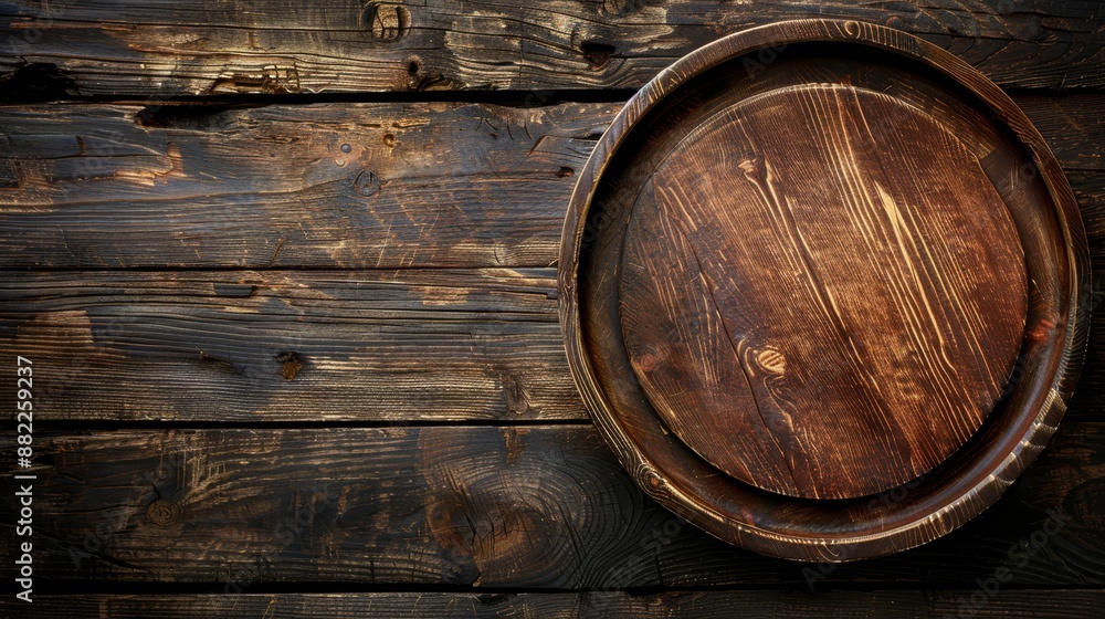 A wooden bowl atop a weathered table, adjacent to a plank wall with peeling paint A wooden bowl atop a weathered table, adjacent to a plank wall with peeling paint