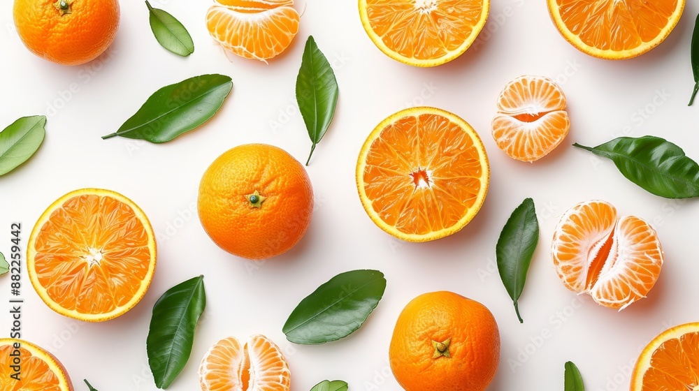 A collection of oranges, halved, on a pristine white background with verdant green leafy tops A collection of oranges, halved, on a pristine white background with verdant green leafy tops