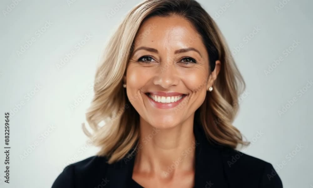 Confident mature businesswoman smiling, radiating success and positivity. Cheerful, approachable leader in elegant style against white background. Perfect for business, leadership projects Confident mature businesswoman smiling, radiating success and positivity. Cheerful, approachable leader in elegant style against white background. Perfect for business, leadership projects