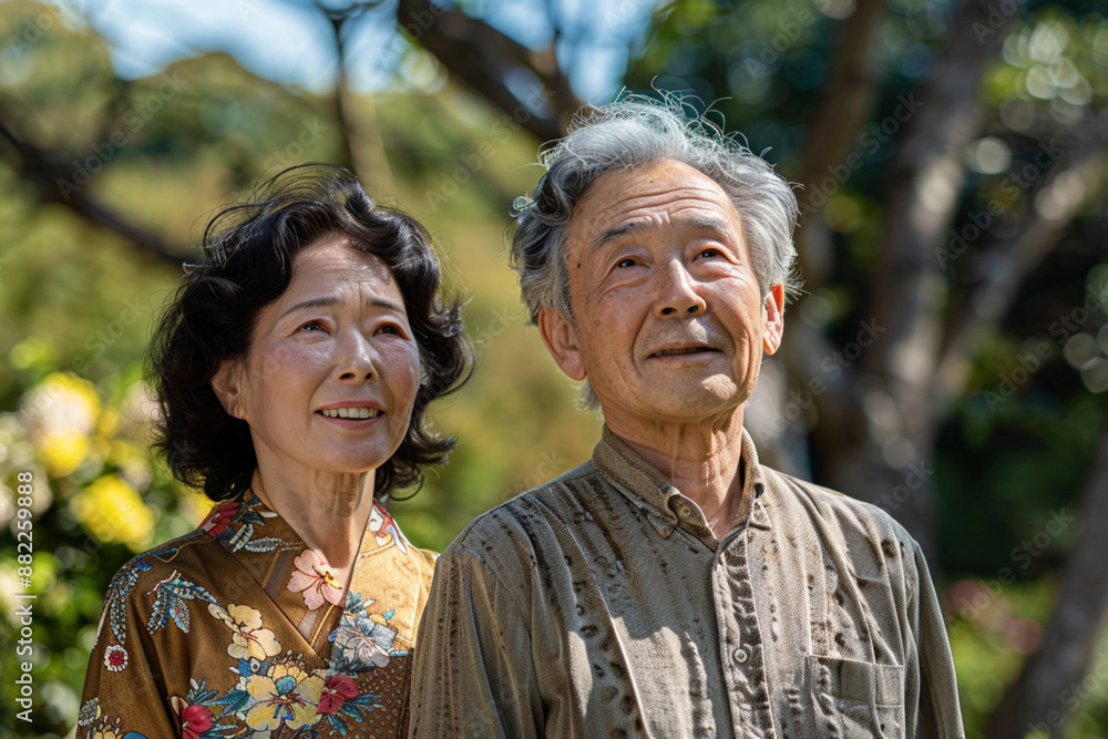 oriental couple in their 50s, photographed in a park in the daytime on a sunny day. They are smiling happily. Both are looking up at the sky. oriental couple in their 50s, photographed in a park in the daytime on a sunny day. They are smiling happily. Both are looking up at the sky.