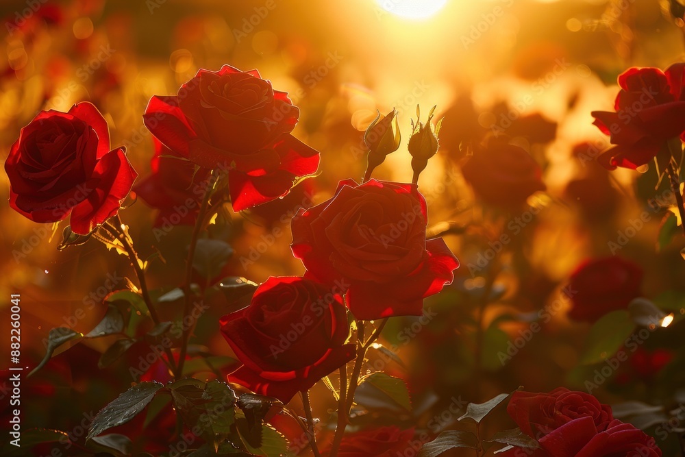Obraz premium Red Roses Blooming in Golden Sunset Light