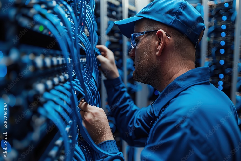 A technician in a blue jumpsuit and safety glasses works on a server rack in a data center. A technician in a blue jumpsuit and safety glasses works on a server rack in a data center.