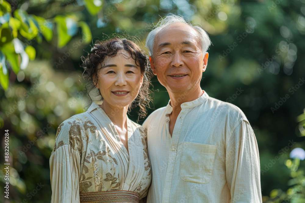 oriental couple in their 50s, photographed in a park in the daytime on a sunny day. They are smiling happily. Both are looking up at the sky. oriental couple in their 50s, photographed in a park in the daytime on a sunny day. They are smiling happily. Both are looking up at the sky.