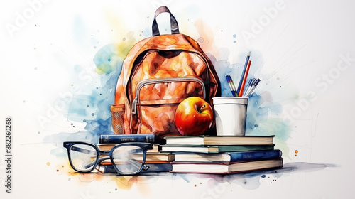 Double Exposure, White Background School Supplies watercolour illustration ~ Created using Generative AI photo