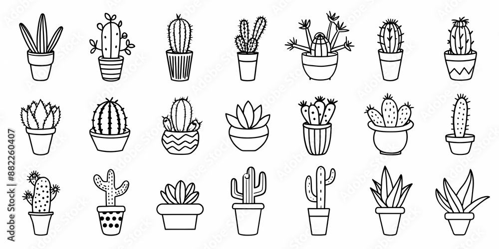 Minimalist cactus and succulent collection with various potted designs Minimalist cactus and succulent collection with various potted designs