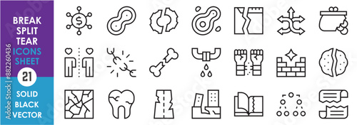 A set of line icons related to split, break and tear. Destruction, destroyed, cell division, paper, book, teeth, glass, breakup and so on. Vector outline icons set.